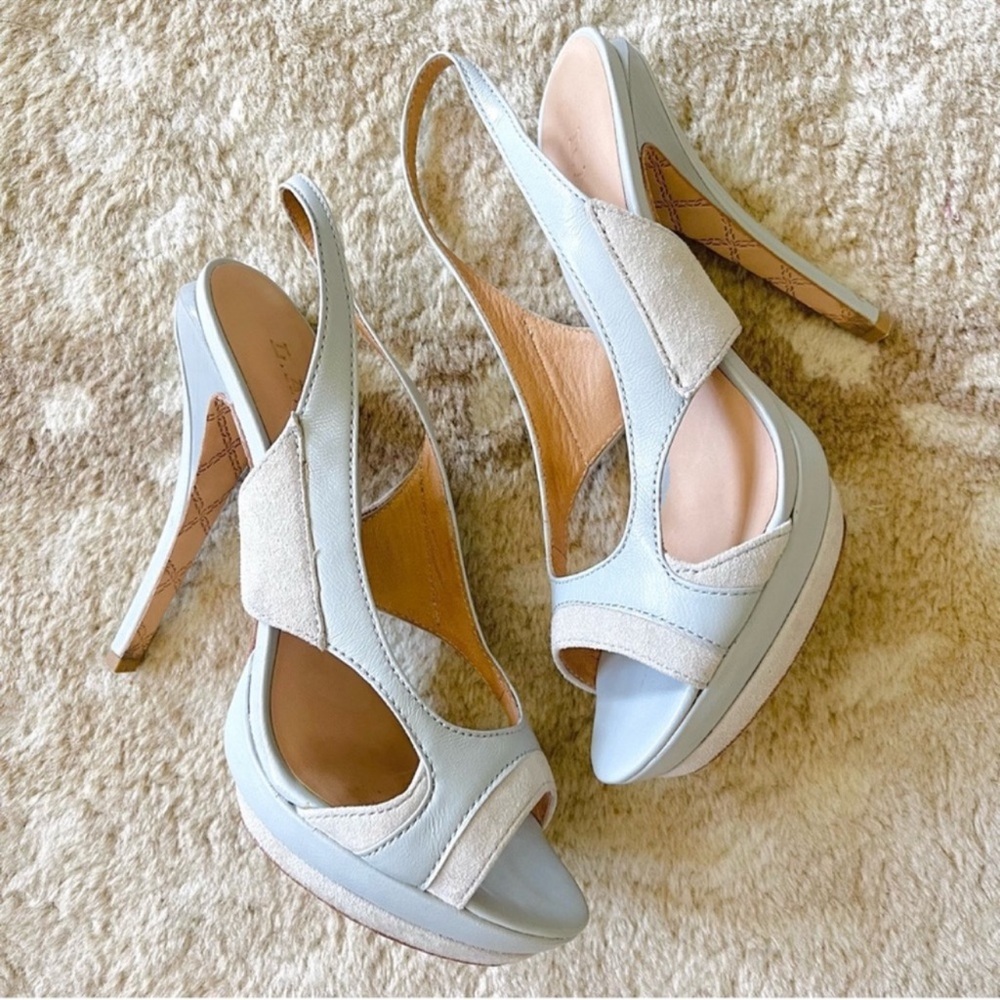 L.A.M.B Qamar Leather Suede Slingback Platform Peep Toe Sandal Heels Gray Sz 8.5
